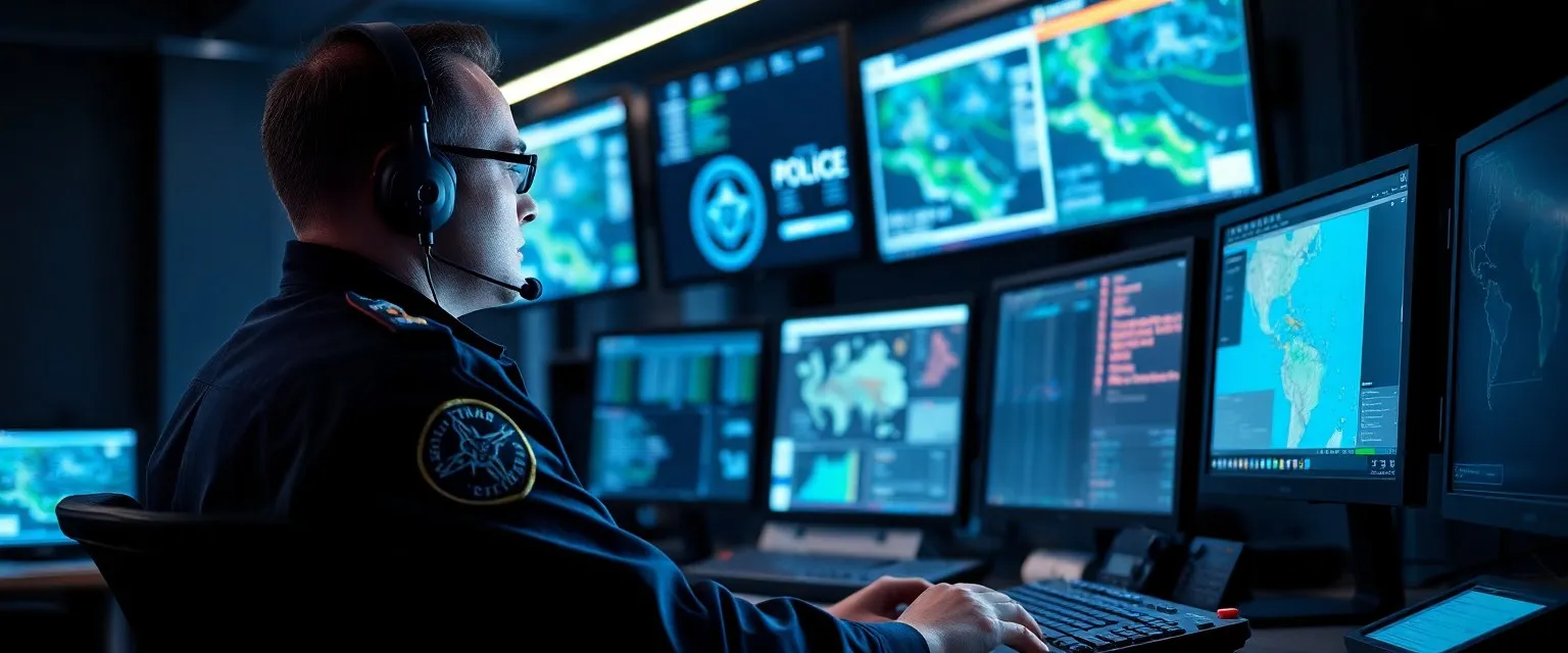 Dispatcher with a headset monitoring maps and incident screens in a police communications center